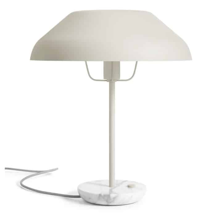 Beau modern table lamp with a Putty-colored shade over white and black marble base.