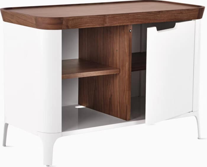 Walnut and white Airia media cabinet from Herman Miller.