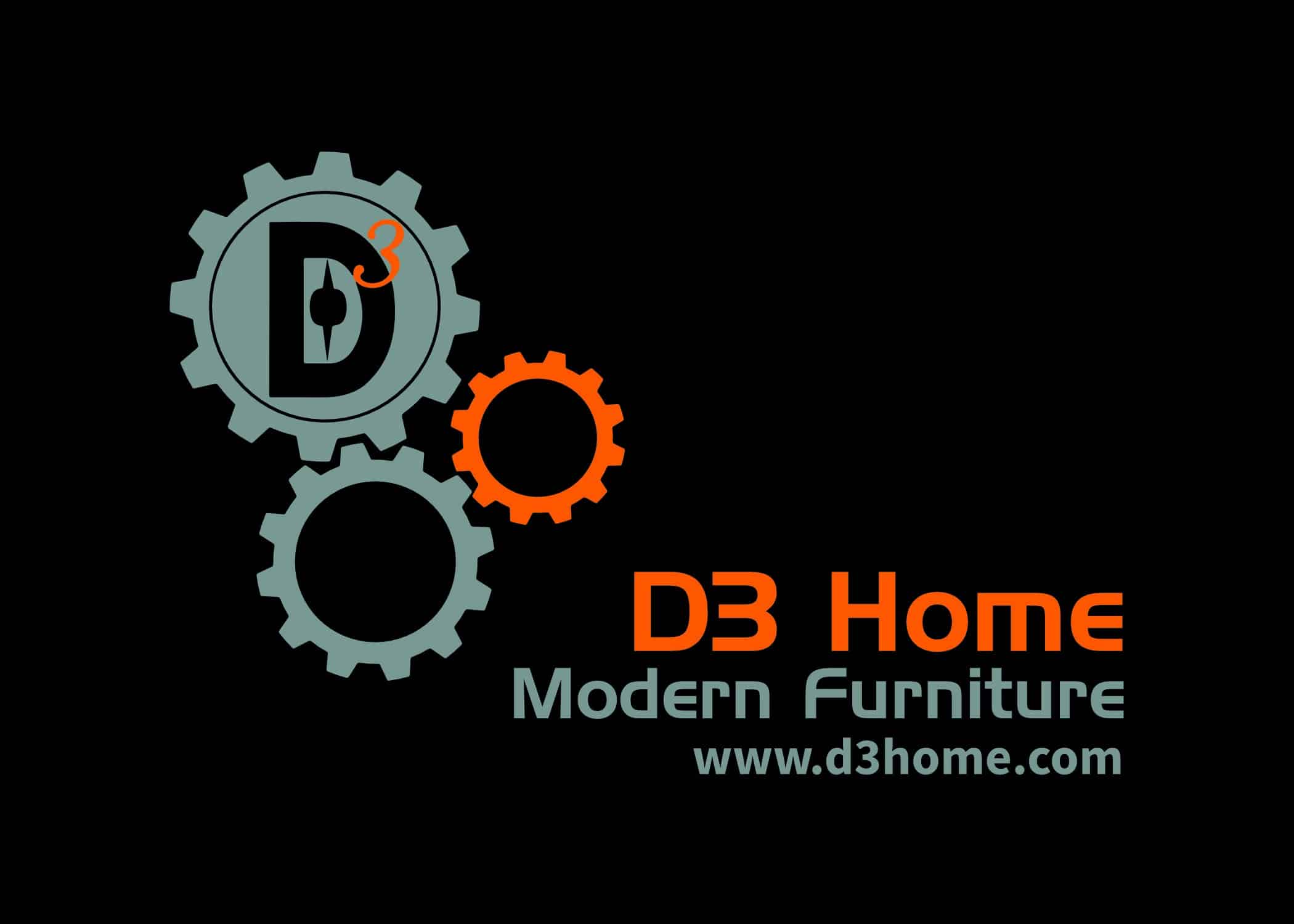 D3 Home Modern Furniture orange and grey gears logo against a black background.