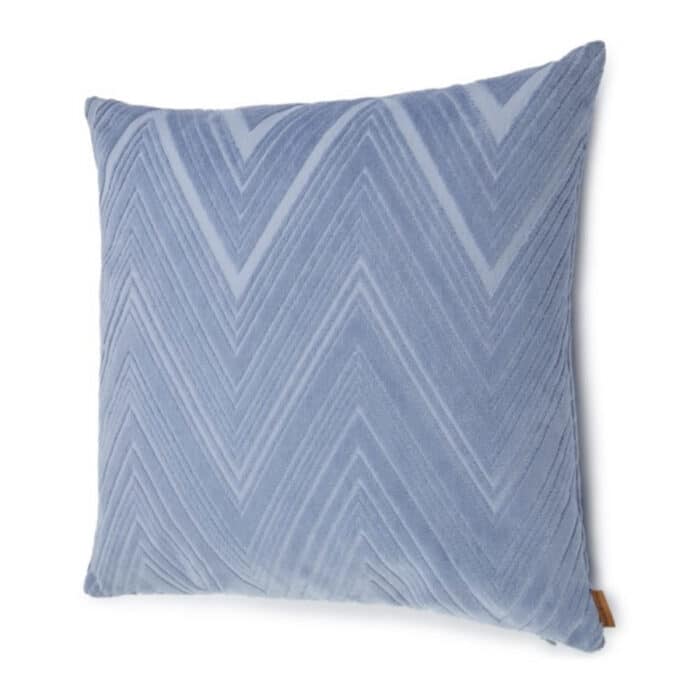 Missoni Home Collection Basel cushion. Light blue dyed cotton velvet with the iconic Missoni chevron pattern. The pillow measures 24" x 24" and is filled with down.