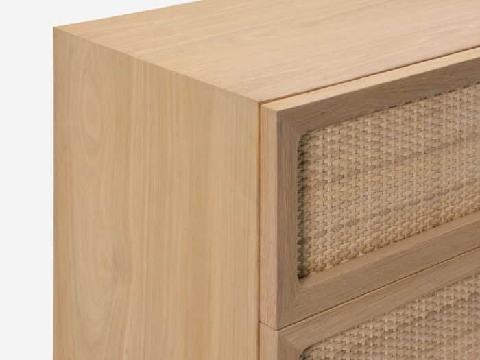 oak chest with woven drawer fronts top detail view